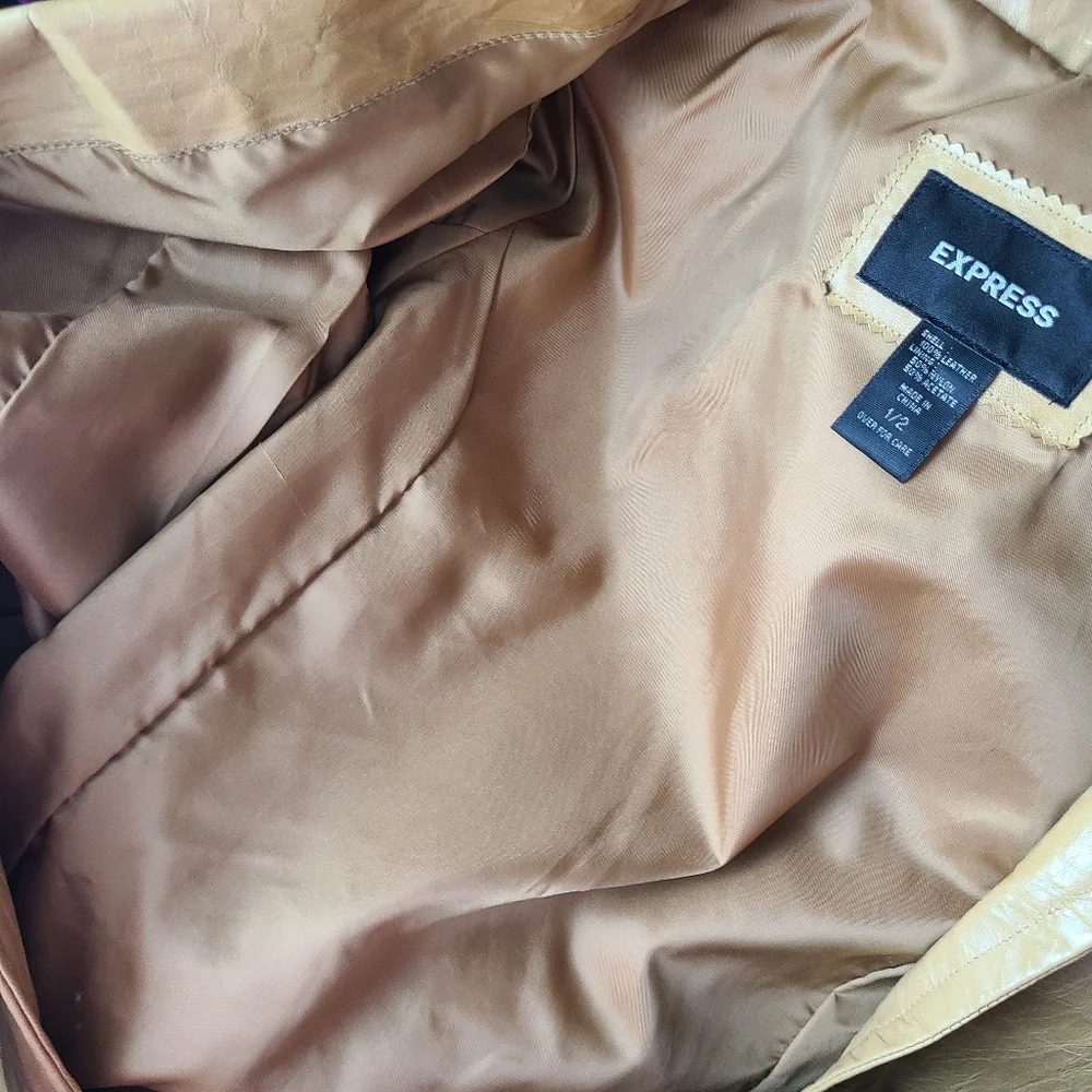 Express Y2K Tan Genuine Leather Vintage Belted Trench Coat - Picture 7 of 11